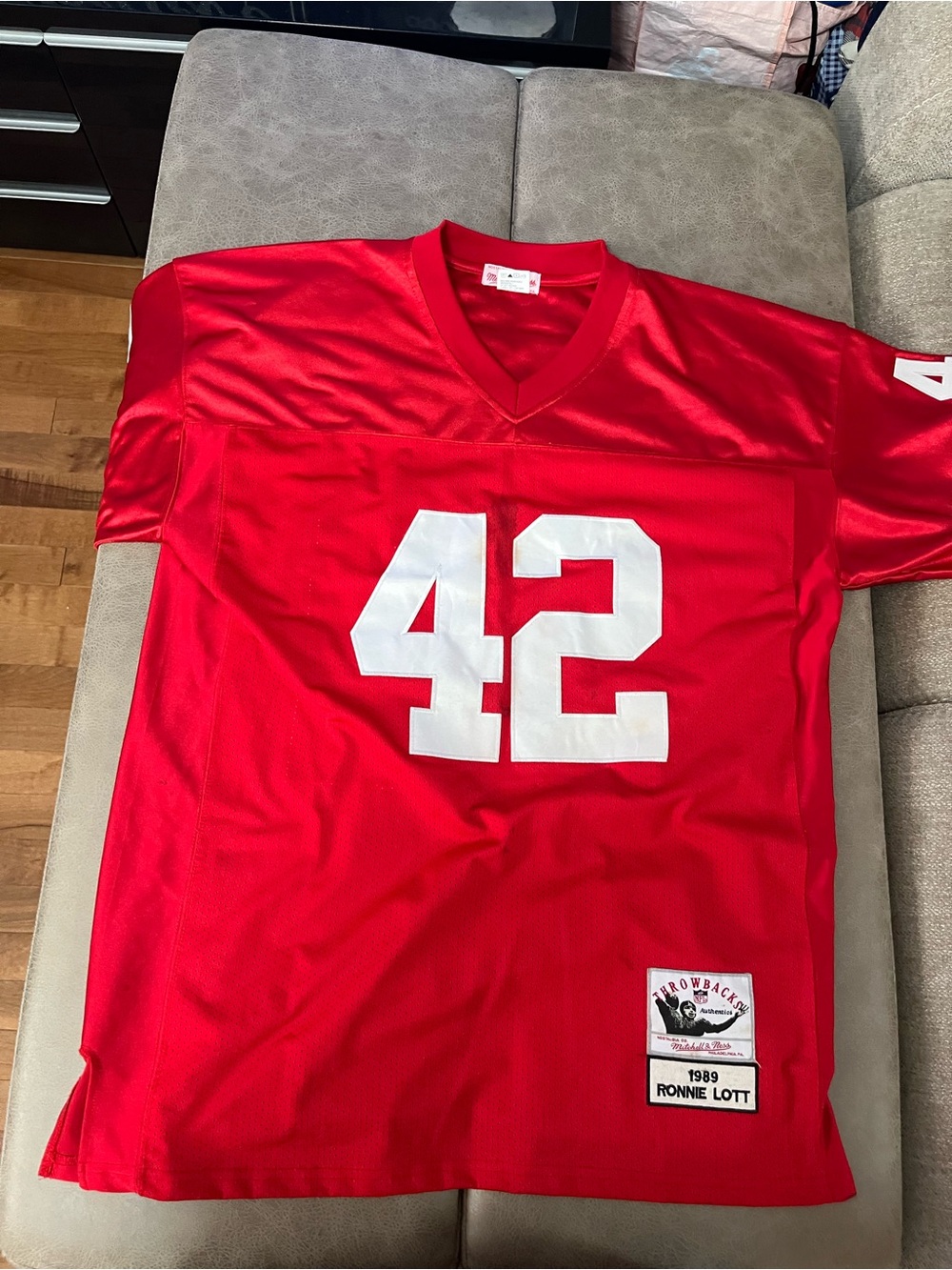 Red Football Jersey with White Number 42 - Ronnie Lott Throwback